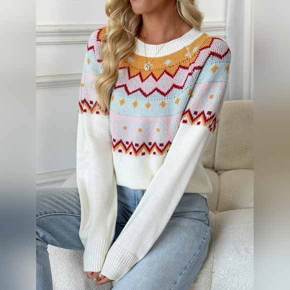 Chic Multicolor Women´s Round Neck Long Sleeve Sweater